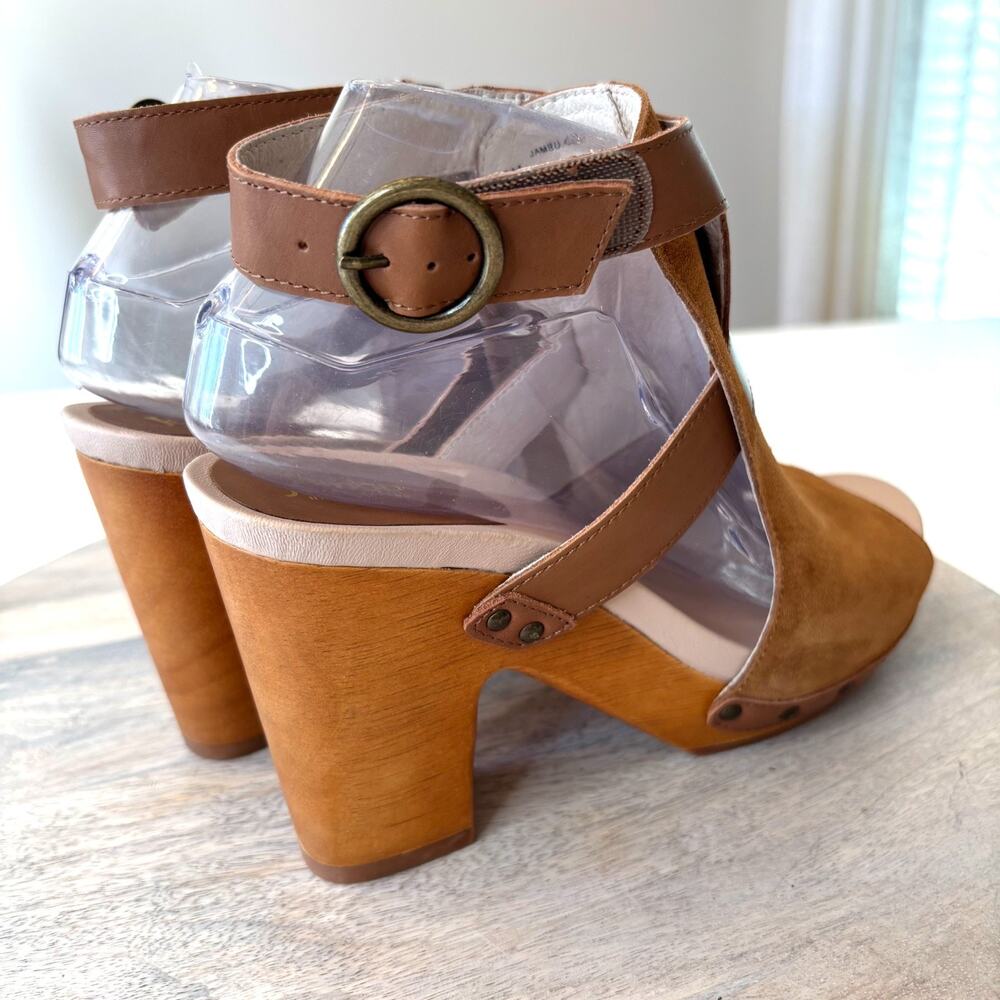 Jambu Handcrafted Suede Wood Platform Sandals Women's Size 8 Brown Peep Toe - Picture 7 of 13